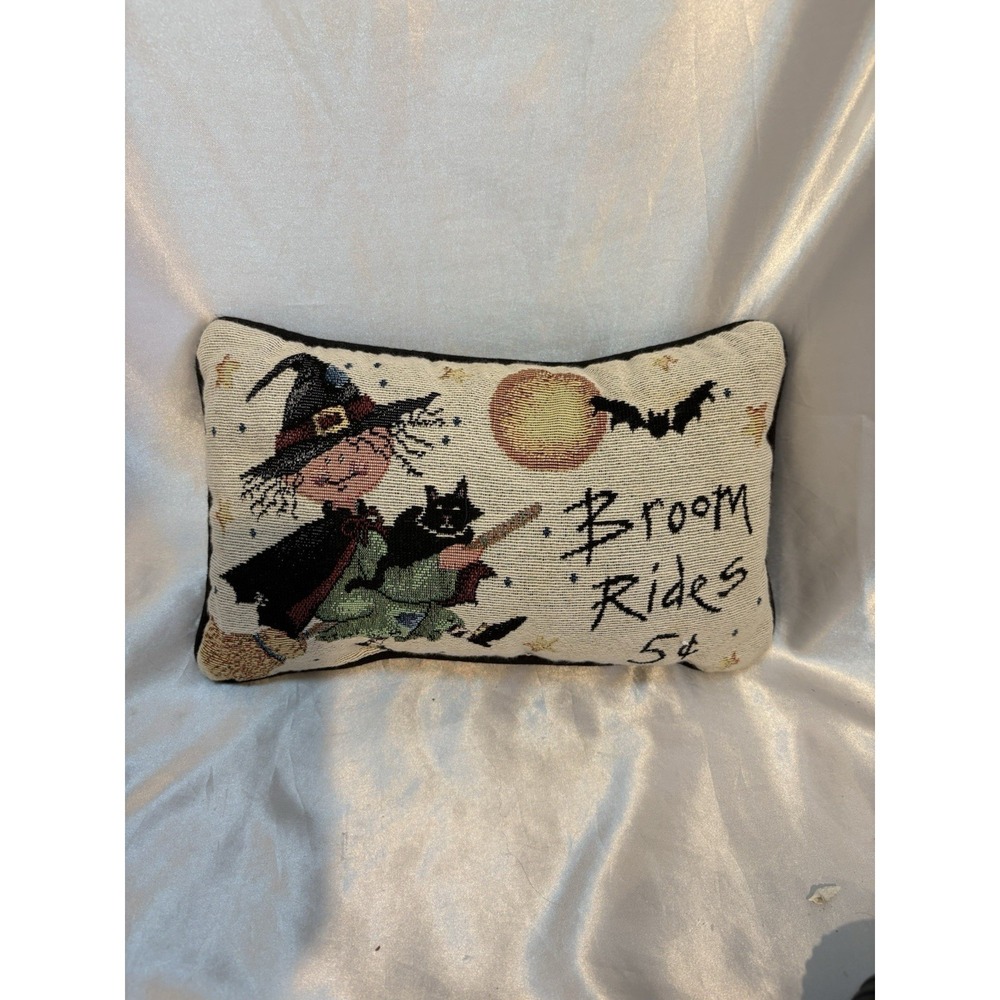Witch Halloween Broom Rides Tapestry Accent Pillow Cat Moon Bat